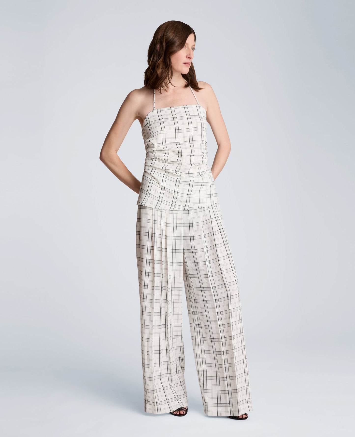 High Rise Fly Front Wide Leg Triple Pleat Lined Plaid Pant