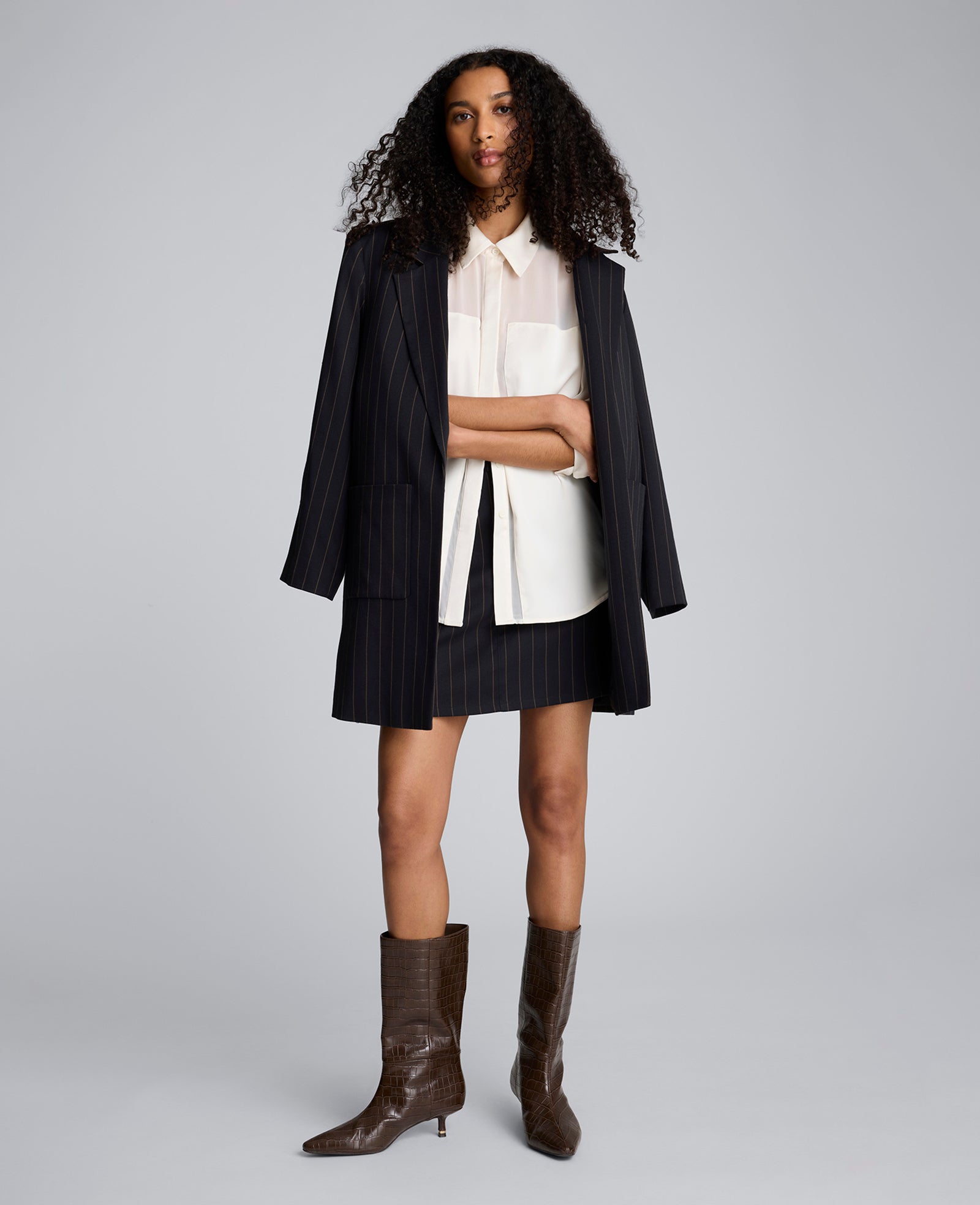 Pinstripe Patch Pocket Open Front Jacket