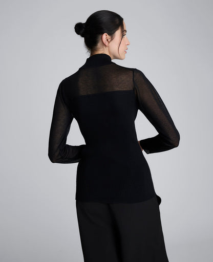 Long Sleeve Mockneck Sweater with Sheer Placket