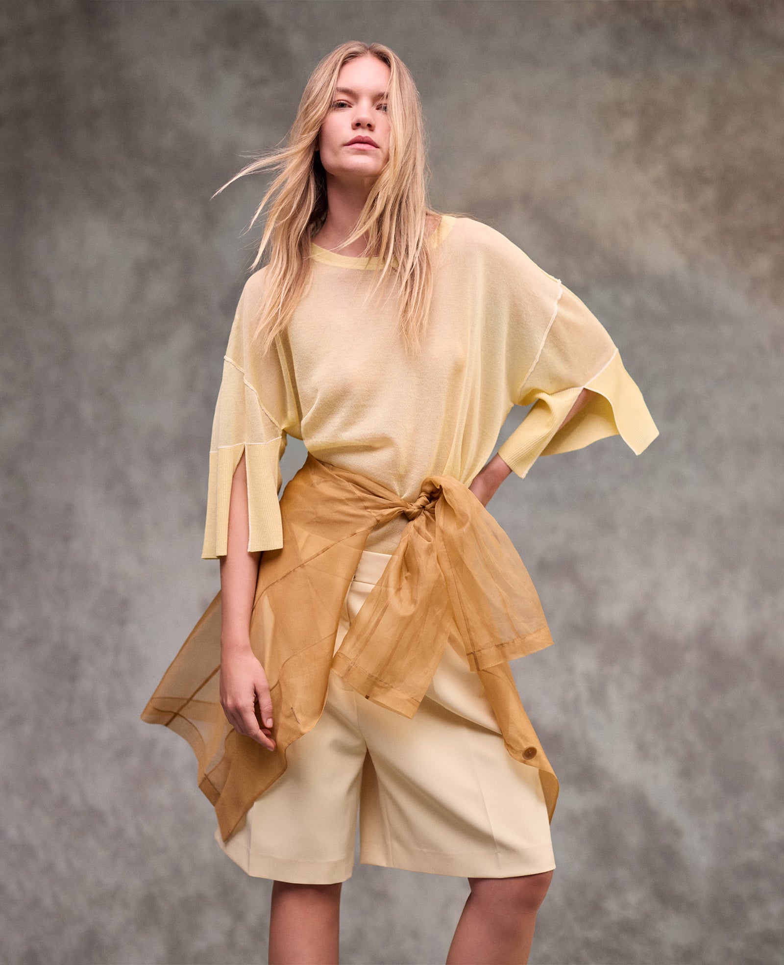 Semi Sheer Crew Neck with Slit Sleeves