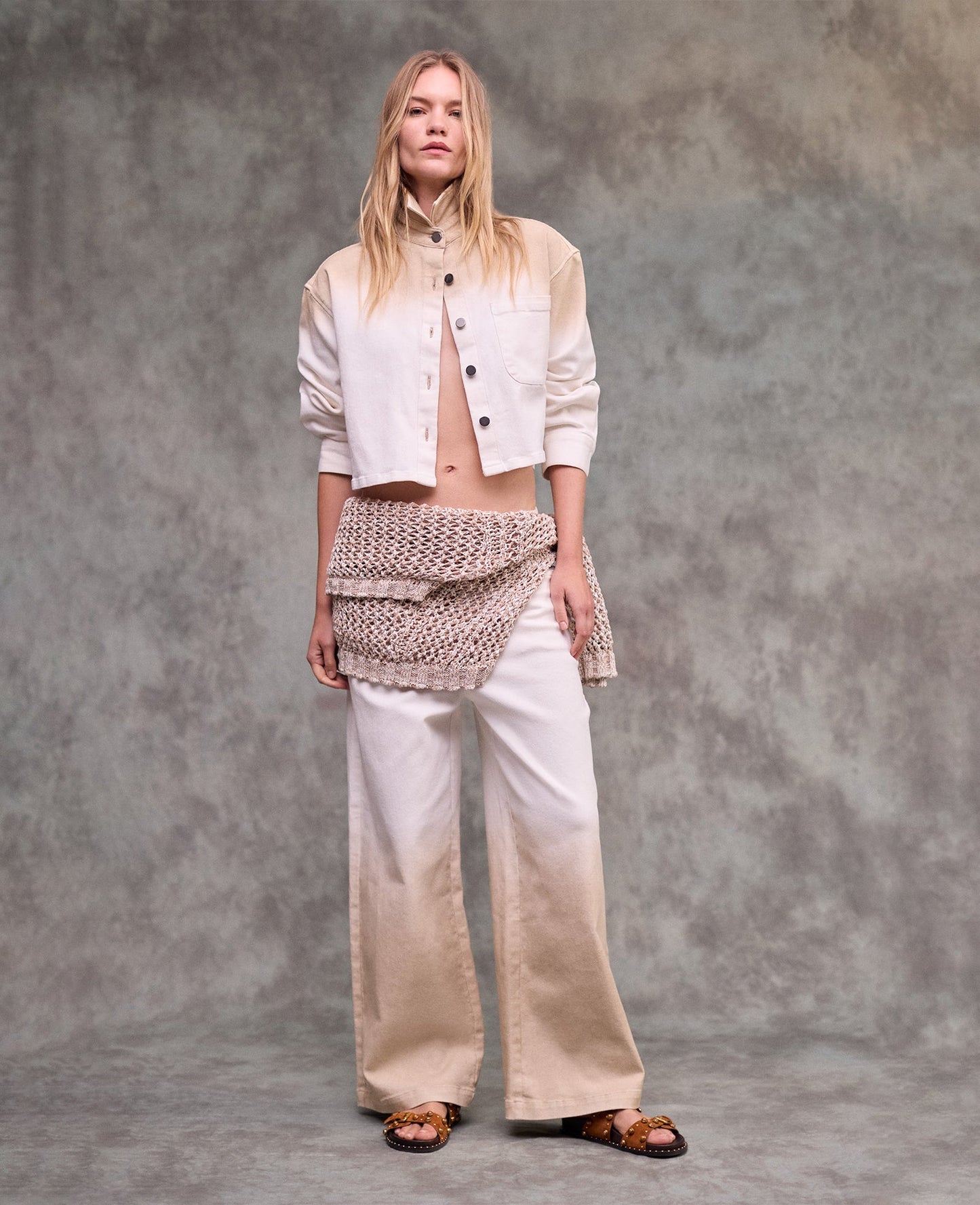 Gradient Fly Front High Rise Wide Leg Comfort Stretch Denim Pant