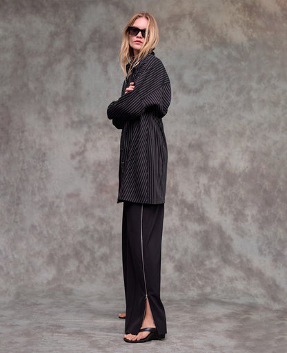 Fly Front High Rise Wide Leg Zipper Pintuck Pant