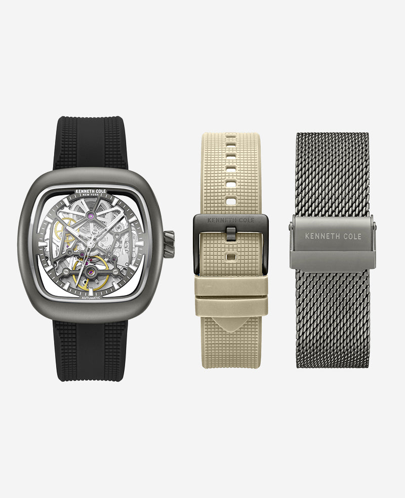 Skeleton Automatic Bracelet Watch with 3-Strap Set